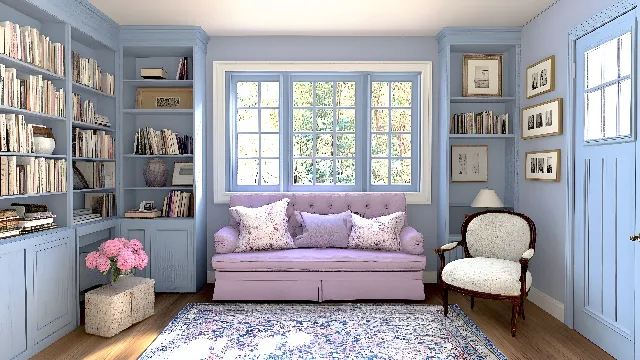 Furniture, Property, Blue, Azure, Purple, Comfort, Architecture, Interior design, Wood, Flower, Floor, Shade, Window, Living room, Flooring, Wall, Real estate, Decoration, Hardwood, Plant