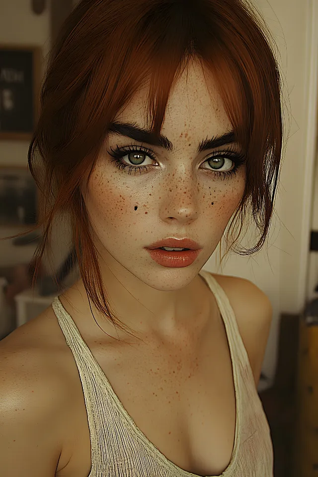 Eyebrow, Lips, Eyelash, Hairstyle, Beauty, Eye, Fashion, Red hair, Bangs, Brown hair, Long hair, Eye shadow, Model, Layered hair, Art Model, Fashion Model, Eye liner, Lipstick, Step cutting, Hair coloring