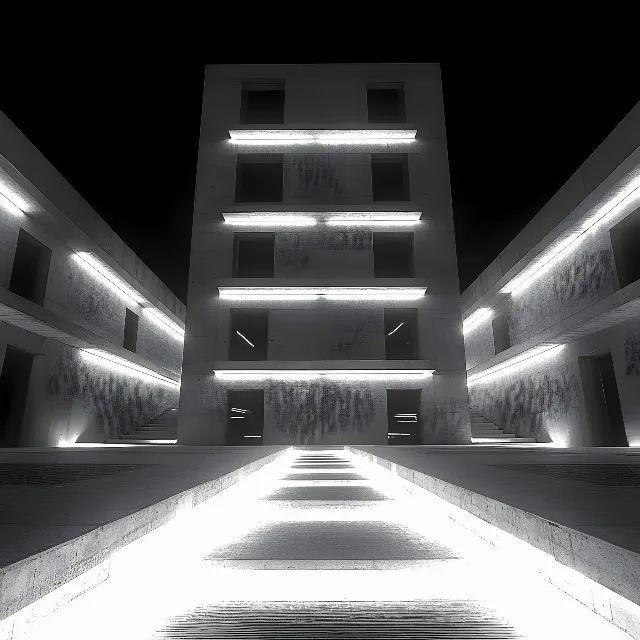 Monochrome, Concrete, Silver, Symmetry, Night, Brutalist architecture, Daylighting