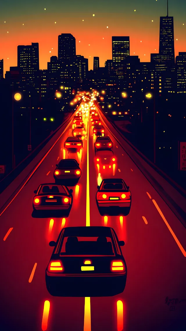 Car, Automotive lighting, Highway, Night, Controlled-access highway, Traffic, Dusk, Kit car, Automotive Tail & Brake Light, Sports car, Compact car, City car, Evening, Road trip, Performance car, Neon, Red sky at morning, Cityscape, Skyscraper, Traffic congestion