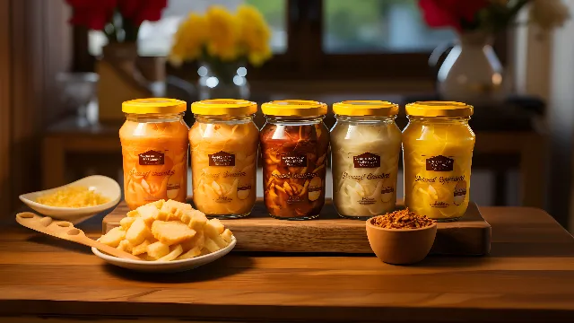 Food, Ingredient, Cuisine, Food storage containers, Yellow, Dish, Canning, Recipe, Table, Preserved food, Tableware, Food storage, Finger food, Produce, Comfort food, Drink, Event, Natural foods, Pickling, Delicacy