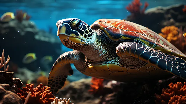 Light, Water, Nature, Reptile, Organism, Turtle, Underwater, Adaptation, Marine biology, Hawksbill sea turtle, Terrestrial animal, Electric blue, Reef, Sea turtle, Tortoise, Coral reef, Macro photography