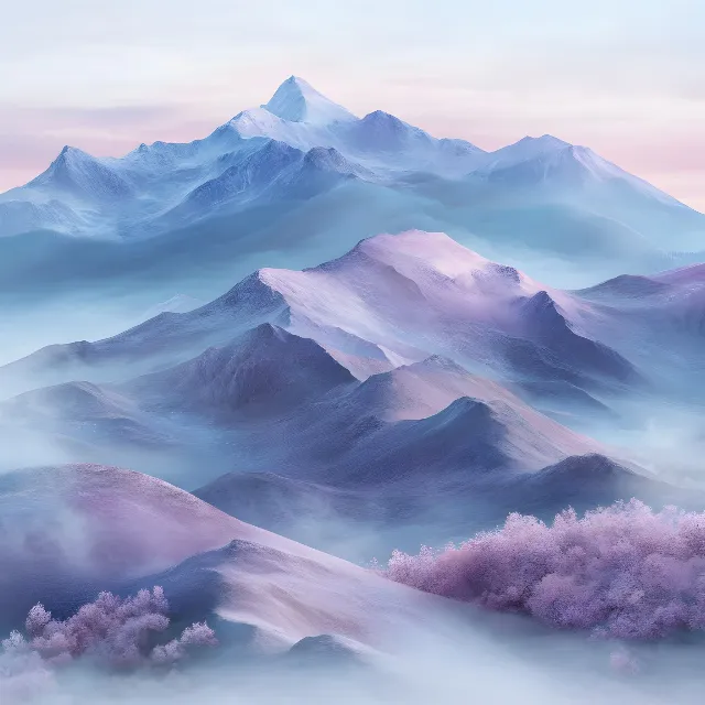 Blue, Mountainous landforms, Mountain, atmospheric phenomenon, Cloud, Mountain range, Pink, Meteorological phenomenon, Ridge, Winter, Glacial landform, Summit, Alps, Mist, Fog, Valley, Glacier, Cumulus, Graphics, Watercolor painting