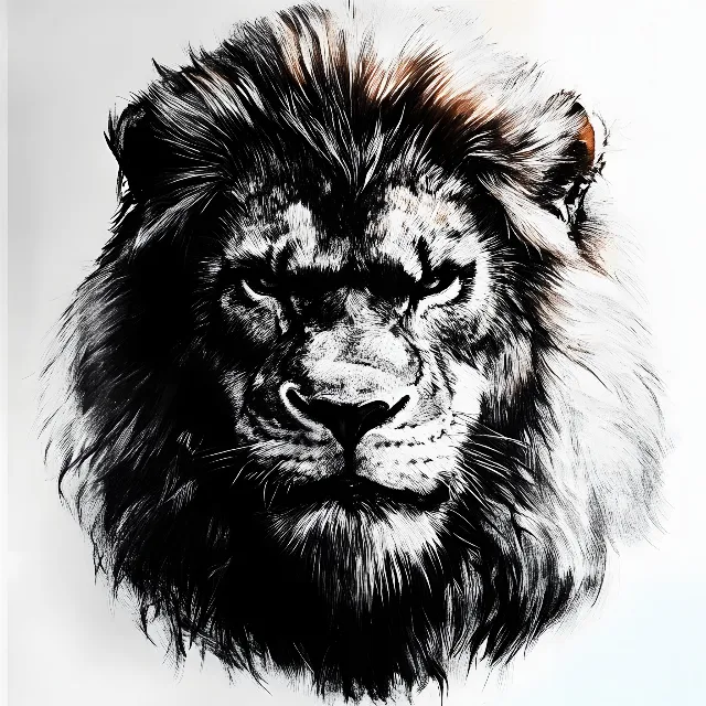 Lion, White, East African lion, Snout, Panthera, Felidae, Symbol, Black and white, Terrestrial animal, Graphics, Graphic design, Whiskers, Sticker