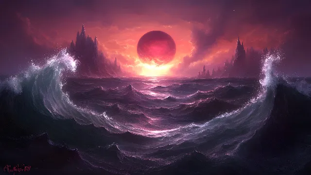 Sea, Ocean, Astronomical object, Wind wave, Dusk, Red sky at morning, Wave, Meteorological phenomenon, Afterglow, Sunrise, Sunset, Dawn, Evening, Graphics, Wind, Celestial event, Moonlight