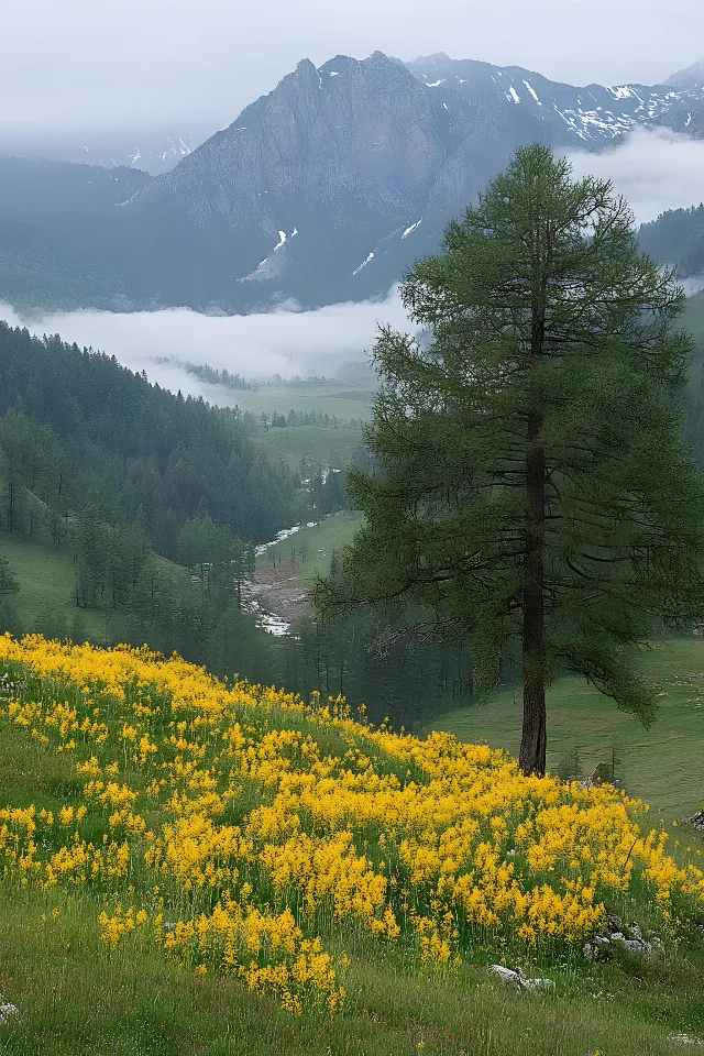 Mountainous landforms, Green, Tree, Natural environment, Nature, Plants, Yellow, Natural landscape, Hill, Mountain, Vegetation, Grassland, Landscape, Wilderness, Highland, Meadow, Mountain range, Hill station, Larch, Pasture