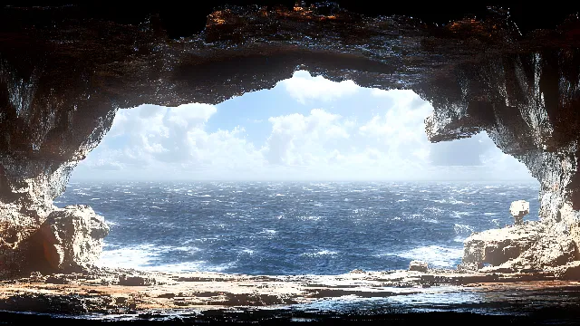 Water, Cloud, Azure, Liquid, Sky, World, Fluid, Natural landscape, Body of water, Coastal and oceanic landforms, Formation, Cave, Landscape, Horizon, Rock, Natural arch, Ocean, Wind wave, Darkness, Wave