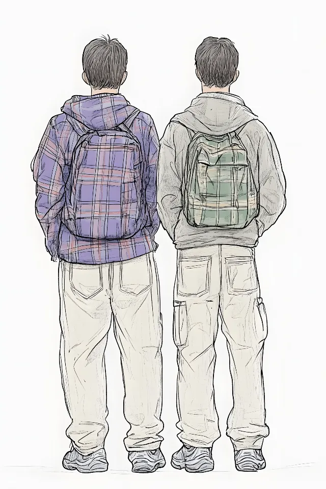 Drawing, Sketch, Illustration, Fashion illustration, Line art, Pocket, Animation, Backpack, Walking