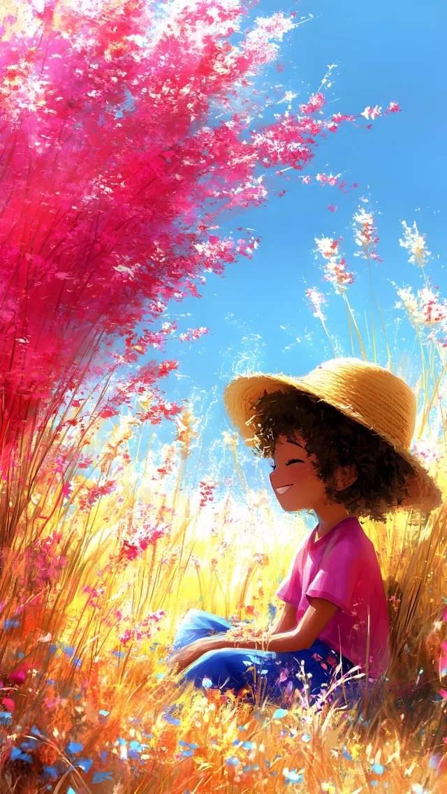 Happiness, Pink, People in nature, Spring, Child, Garden, Animation, Animated cartoon, Wildflower, Toddler