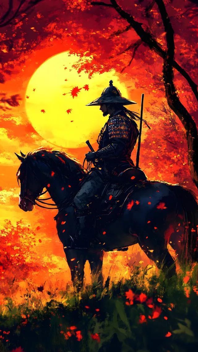 Horse, Red sky at morning, Sunset, Dusk, CG artwork, Armour, Horse tack, Fiction, Afterglow, Dawn, Fictional character, Sunrise, Modern art, Samurai, Pack animal, Knight