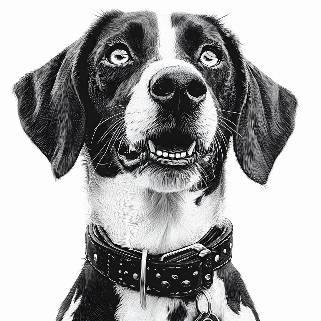 Dog, White, Black, Snout, Black and white, Carnivores, Canidae, Sketch, Collar, Line art, Whiskers