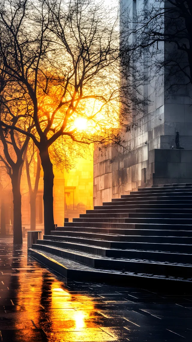 Stairs, Orange, Sunlight, Evening, Dusk, Morning, Sunrise, Sunset, Afterglow, Shadow, Backlighting, Heat, Dawn, Lens flare, Autumn, Walkway, Red sky at morning