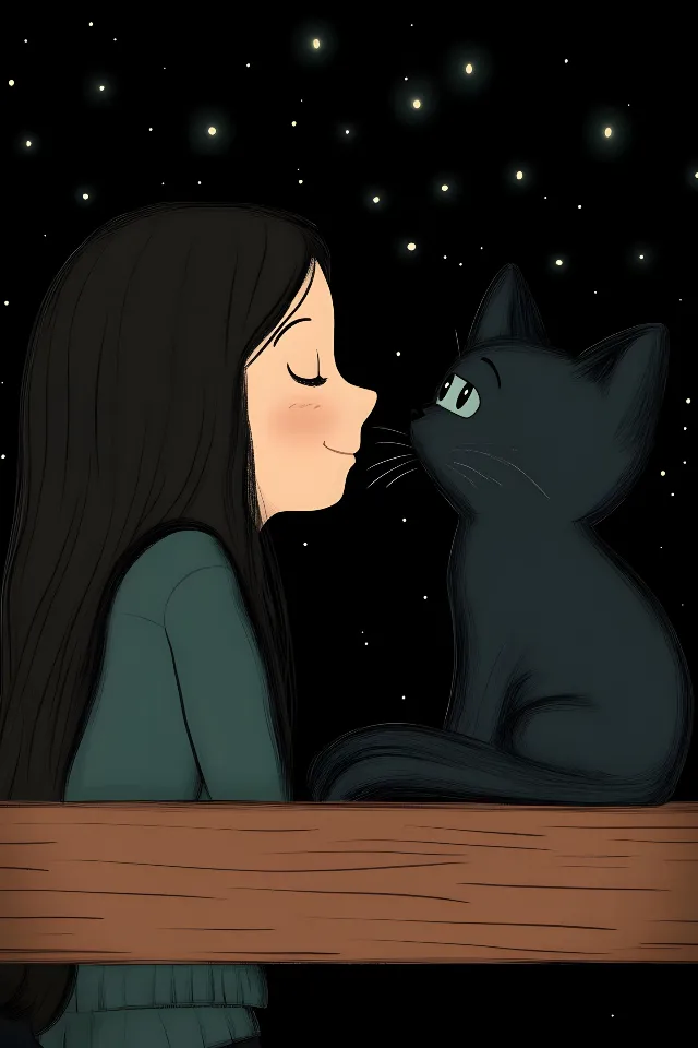 Cat, Moon, Black hair, Felidae, Felinae, Astronomical object, Animation, Black cat, Carnivores, Cartoon, Moonlight, Animated cartoon, CG artwork, Celestial event, Graphics, Whiskers, Fur, Love, Anime, Fictional character