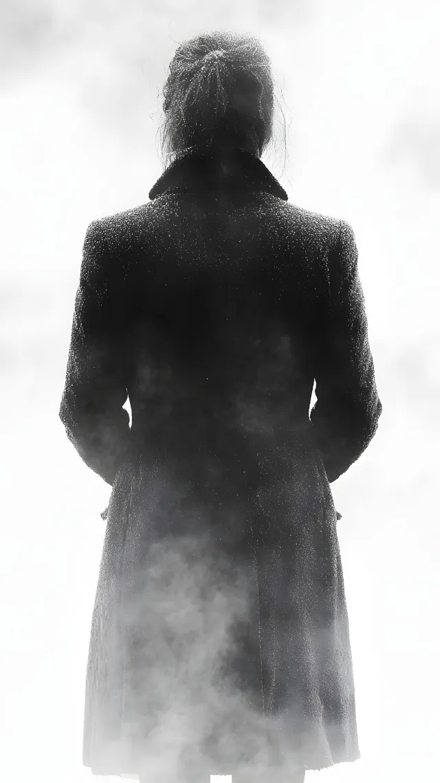 Photograph, Monochrome photography, Overcoat, White, Outerwear, Fashion, Standing, Black, Monochrome, Black and white, Coat, Winter, Grey, Trench coat, Duster, Mist, Fur, Wind, Frock coat, Haze