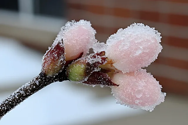 Snow, Twig, Winter, Bud, Close-up, Freezing, Frost, Plant stem, Macro photography, Precipitation, Blossom