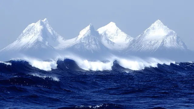 Blue, Cloud, Ocean, Sea, Wave, Glacier, Wind wave, Glacial landform, Cumulus, Ice cap, Ice, Summit, Arctic Ocean, Wind, Snow, Meteorological phenomenon, Arctic, Winter, Alps, Sound