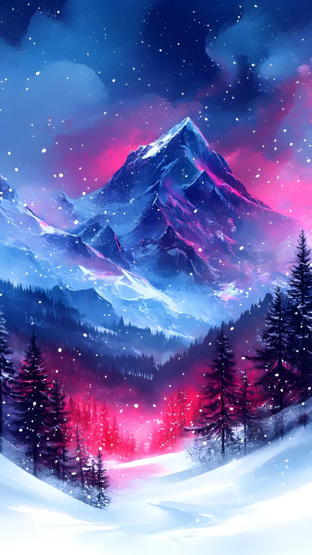 Winter, geological phenomenon, Snow, Astronomical object, Freezing, Aurora, Frost, Star, Alps, Night, Conifers, Precipitation, Glacial landform, Spruce-fir forests, Larch, Fir, Pine family, Watercolor painting, Evergreen, Sunrise