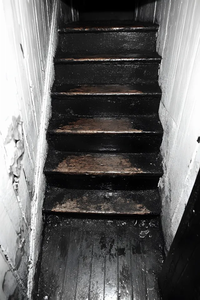 Photograph, Stairs, Wood, White, Floor, Monochrome photography, Monochrome, Hardwood, Plank, Black and white, Handrail, Wood stain, Wood flooring, Basement