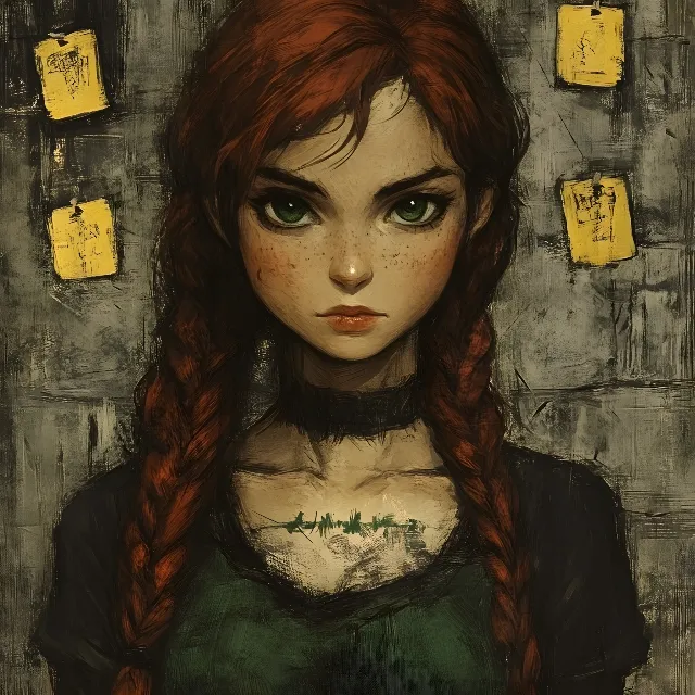 Eye, Red hair, Long hair, Fictional character, Brown hair, Animated cartoon, CG artwork, Animation, Portrait, Gothic fashion, Goth subculture, No expression, Feathered hair, Watercolor painting, Fiction, Fashion illustration, Bangs