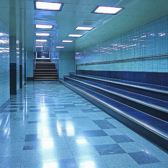 Blue, Flooring, Floor, Ceiling, Lighting, Composite material, Tile, Glass, Metal, Silver, Tile Flooring, Symmetry, Design, Cleanliness, Reflection, Steel, Aluminium, Fluorescent lamp, Light fixture, Daylighting