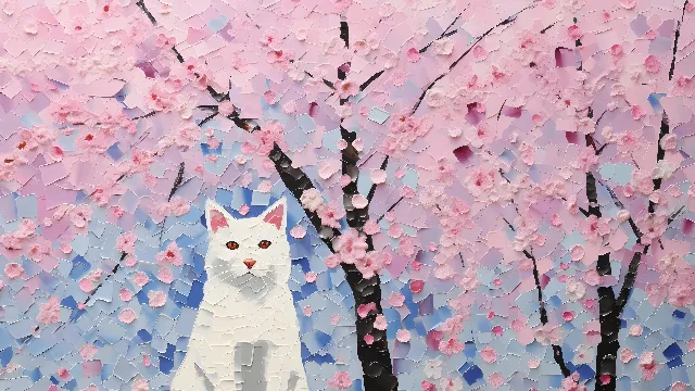 Cat, Flower, Jigsaw puzzle, Carnivore, Felidae, Organism, Pink, Twig, Small to medium-sized cats, Line, Whiskers, Art, Plant, Tree, Pattern, Petal, Flooring, Snout, Tail, Symmetry