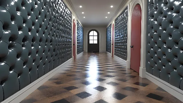 Flooring, Floor, Interior design, Ceiling, Tile, Wood flooring, Tile Flooring, Silver, Symmetry, Design, Wood stain, Hardwood, Varnish, Wallpaper, Light fixture, Lobby, Laminate flooring, Cleanliness, Plaster, Marble