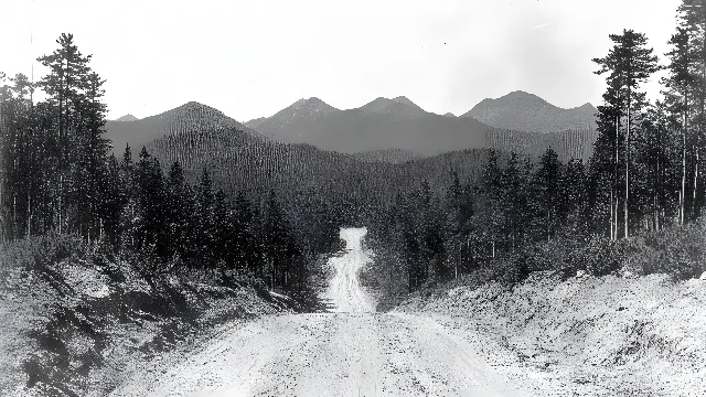 Mountainous landforms, Mountain, Snow, Winter, Hill, Monochrome photography, Road, Wilderness, Highland, Mountain range, Spruce-fir forests, Forest, Hill station, Valley, Freezing, Larch, Trail, Dirt road, Mountain pass, Ridge