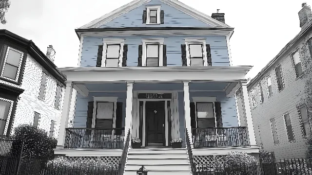 Blue, Building, Window, Siding, Home, Facade, House, Residential area, Composite material, Door, Porch, Stairs, Grey, Sash window, Molding, Paint, Column, Design, Building material, Home Door