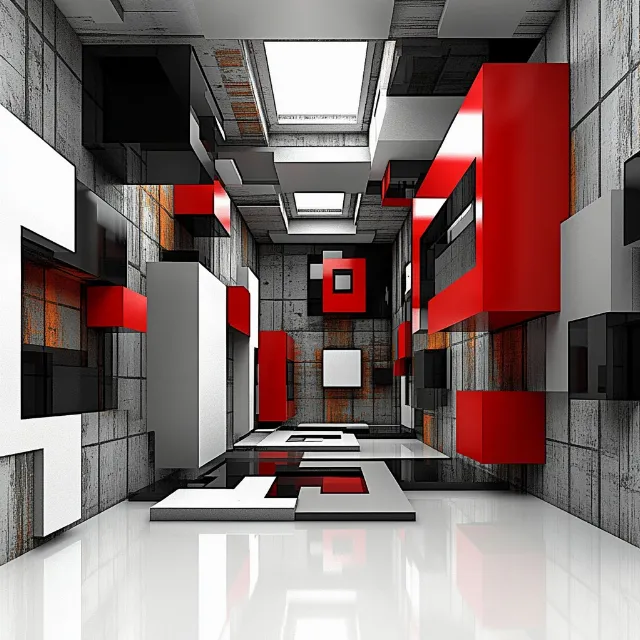 Red, Interior design, Flooring, Floor, Ceiling, Composite material, Symmetry, Graphics, Design, Tile, Graphic design