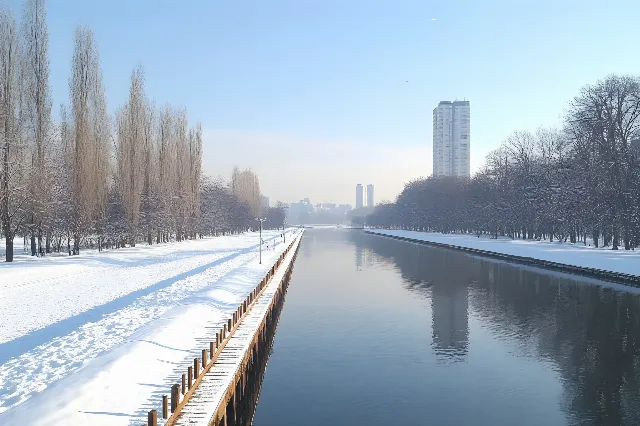 Daytime, Waterway, Skyscraper, Channel, Metropolitan area, Winter, Tower, High-rise building, Reflection, Morning, Freezing, River, Metropolis, Evening, Reservoir, Snow, Canal, Skyline, Bridge, Cityscape