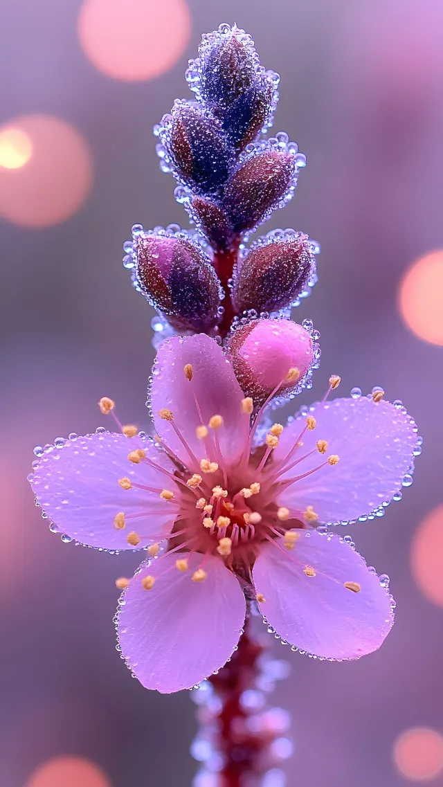 Flower, Plant, Petal, Terrestrial plant, Water, Twig, Flowering plant, Close-up, Annual plant, Macro photography, Wildflower, Moisture, Pedicel, Magenta, Pollen, Liquid, Subshrub, Blossom, Dew, Perennial plant