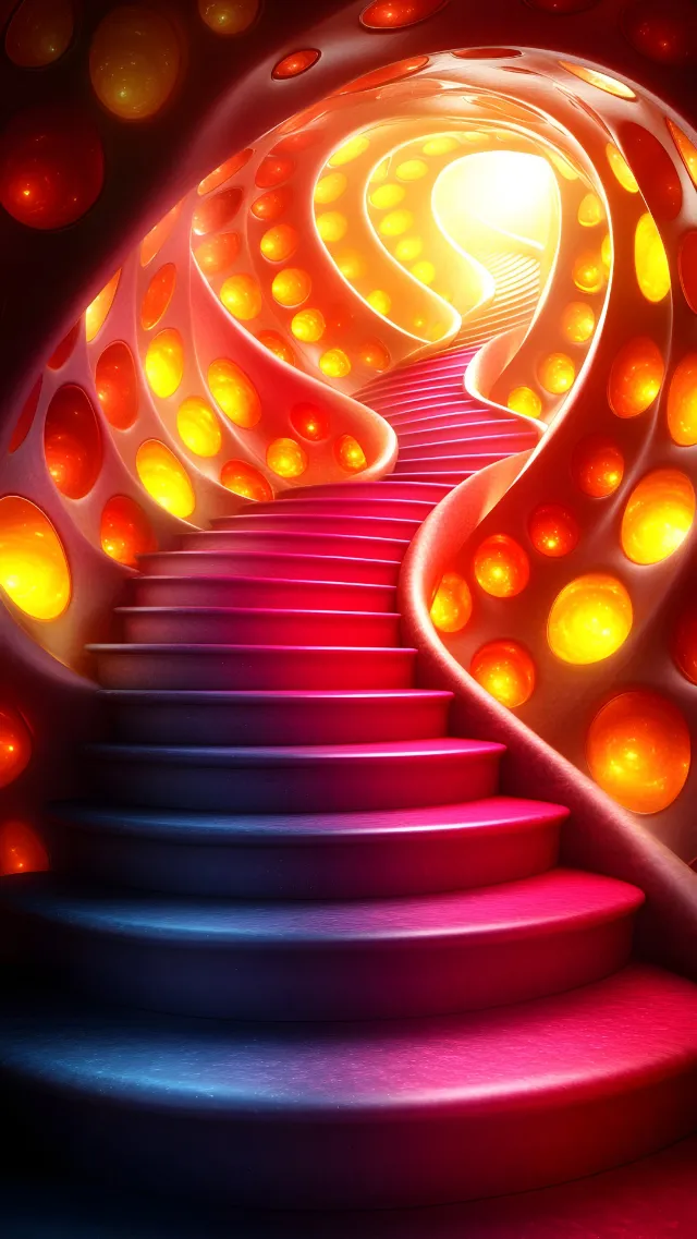 Red, Orange, Graphics, Design, Fractal art, Graphic design, Neon, Spiral, Stairs