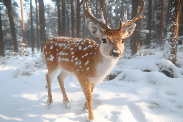 Deer, Winter, Snow, Wildlife, Terrestrial animal, Snout, Freezing, White-tailed deer, Fur, Natural material, Frost, Woodland, Horn, Tail, Reindeer, Precipitation, Antler