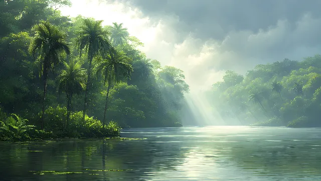 Water, Cloud, Sky, Water resources, Plant, Tree, Natural landscape, Lake, Terrestrial plant, Arecales, Fluvial landforms of streams, Landscape, Horizon, Forest, Palm tree, Cumulus, Spring, Reflection, Jungle, Riparian zone