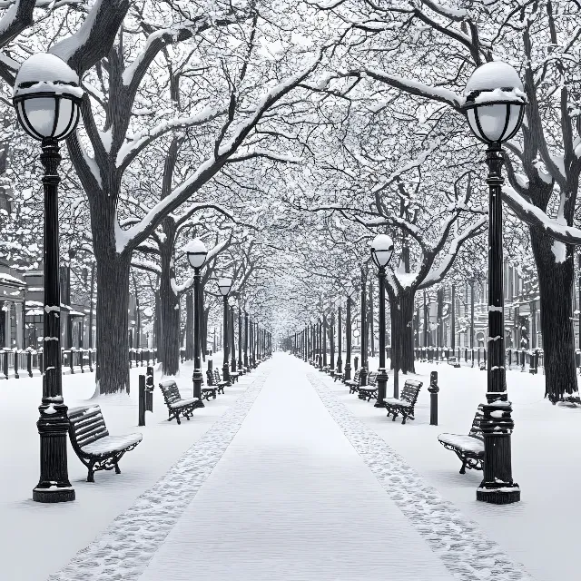 Branch, Snow, White, Winter, Freezing, Twig, Monochrome, Street light, Black and white, Precipitation, Winter storm, Frost, Sidewalk, Walkway, Light fixture, Grove, Path, Ice