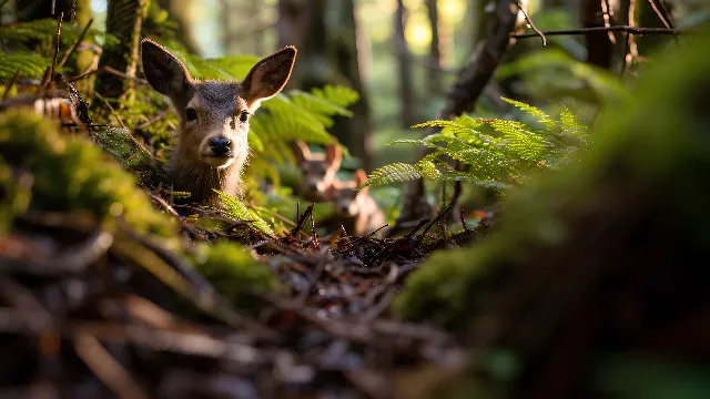 Eye, Plant, Wood, Branch, Terrestrial plant, Natural landscape, Trunk, Twig, Fawn, Terrestrial animal, Grass, Groundcover, Snout, Forest, Deer, Landscape, Natural material, Tree, Woodland, Temperate broadleaf and mixed forest