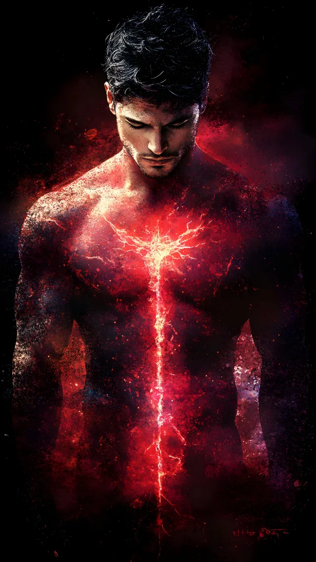 Red, Fictional character, Film, Graphics, Flesh, Astronomical object, Barechestedness, CG artwork, Graphic design, Digital compositing, Night, Hero