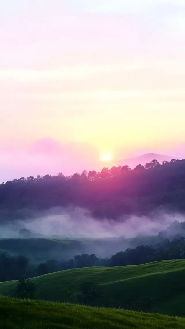 Nature, Natural landscape, atmospheric phenomenon, Hill, Sunrise, Cloud, Grassland, Afterglow, Dusk, Sunset, Morning, Sunlight, Hill station, Evening, Red sky at morning, Meadow, Valley, Dawn, Mist, Meteorological phenomenon