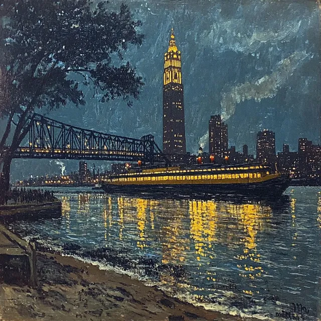 Waterway, Bridge, City, Tower, Metropolitan area, Skyscraper, High-rise building, River, Metropolis, Skyline, Cityscape, Channel, Clock tower, Reflection, Spire, Boat, Evening, Canal, Naval architecture, Beam bridge