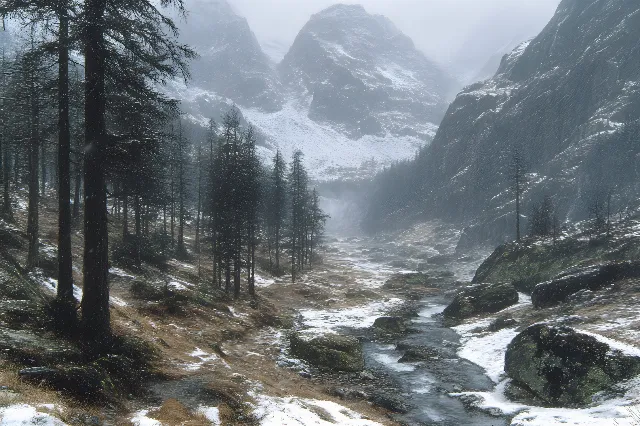 Mountainous landforms, Mountain, atmospheric phenomenon, Winter, Wilderness, Highland, Mountain range, Snow, Valley, Hill station, Terrain, Mist, geological phenomenon, Glacial landform, Spruce-fir forests, Alps, Larch, Fog, Forest, Freezing