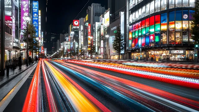 Building, Automotive lighting, Light, Infrastructure, Architecture, Electricity, Road surface, Thoroughfare, Neighbourhood, Cityscape, Line, Skyscraper, Road, City, Tints and shades, Metropolis, Midnight, Asphalt, Metropolitan area, Tower block