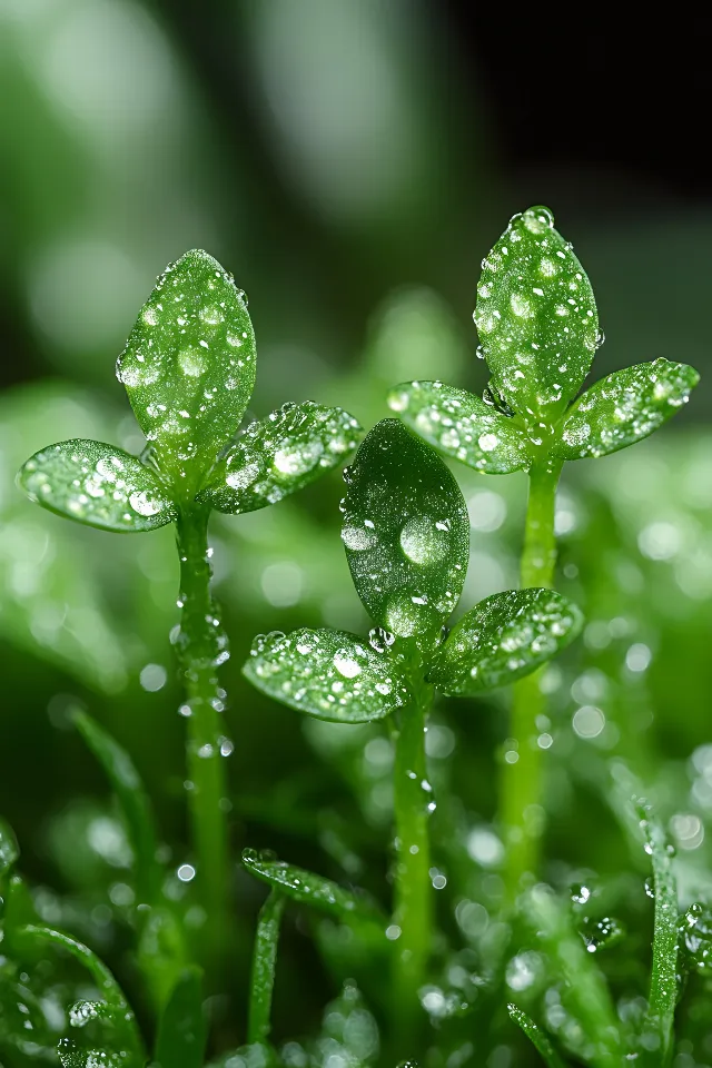 Green, Moisture, Dew, Close-up, Drop, Liquid, Macro photography, Precipitation, Herbaceous plant, Drizzle, Herb, Liverworts