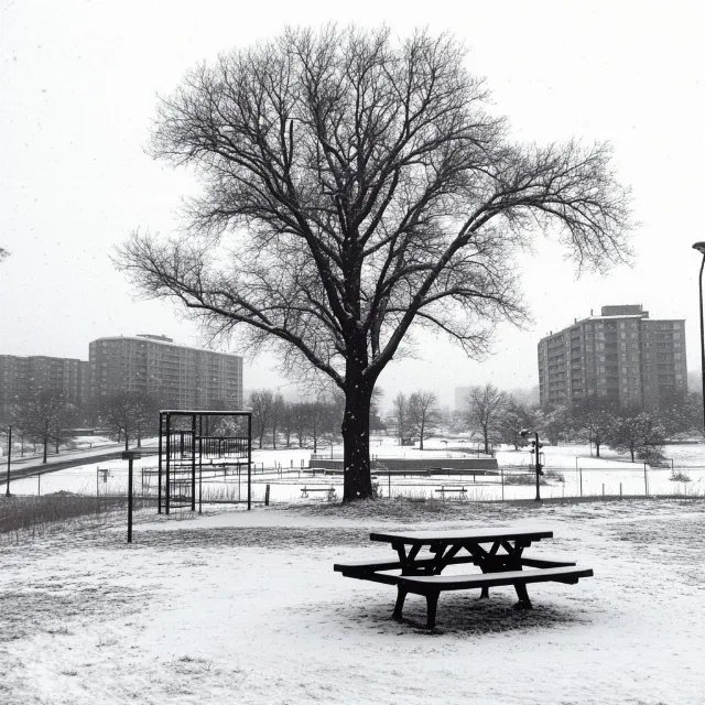 Branch, Tree, White, Snow, Winter, Monochrome photography, Outdoor Bench, Public space, Twig, Bench, Trunk, Monochrome, Freezing, Black and white, Outdoor furniture, Precipitation, Street furniture, High-rise building, Ice, Winter storm