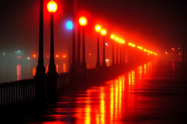 Red, Lighting, Orange, Night, Reflection, Evening, Darkness, Electricity, Bridge, Security lighting, Midnight, Dusk, Street light, Lens flare, Walkway, Heat, Fog