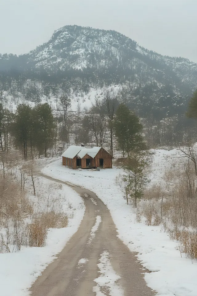 Snow, Tree, Winter, House, Cottage, Home, Roof, Freezing, Human settlement, Rural area, Village, Sugar shack, Twig, Shed, Hut, Slope, Precipitation, Hill station, Mountain range, Glacial landform