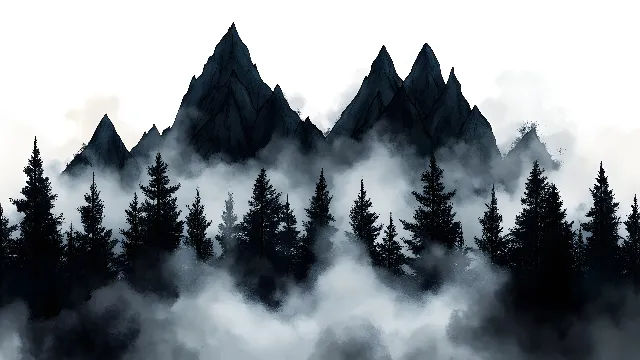 Mountain, atmospheric phenomenon, Wilderness, Forest, Hill station, Mist, Fog, Mountain range, Black and white, Spruce-fir forests, Larch, Tropical and subtropical coniferous forests, Ridge, Winter, Conifers, Evergreen, Meteorological phenomenon, Summit, Old-growth forest, Alps