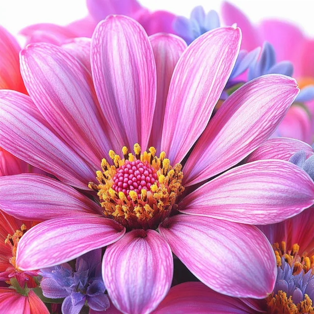 Flower, Petal, Red, Yellow, Pink, Close-up, Purple, Macro photography, Flowering plant, Pollen, Daisy family, Floristry, Still life photography, Floral design, Perennial plant, Cut flowers, Wildflower, Asterales, Forb, Aster