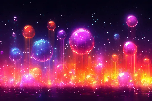 Blue, Red, Pink, Orange, Sphere, Night, Purple, Universe, Lens flare, Astronomical object, Graphics, Graphic design, Design, Star, Science, Outer space, Fractal art, Bubble, Visual Effect Lighting