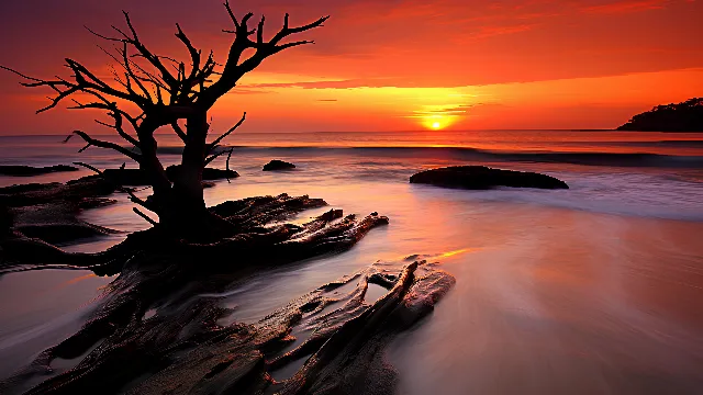 Cloud, Water, Sky, Natural landscape, Afterglow, Wood, Coastal and oceanic landforms, Dusk, Sunlight, Sunrise, Sunset, Plant, Red sky at morning, Trunk, Atmospheric phenomenon, Lake, Bank, Landscape, Horizon, Beach