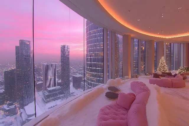 Interior design, Apartment, High-rise building, Skyscraper, Condominium, Living room, Tower, Commercial building, Metropolis, Cityscape, Daybed, Couch, Chair, Hotel, Evening, Penthouse apartment, Skyline, Headquarters